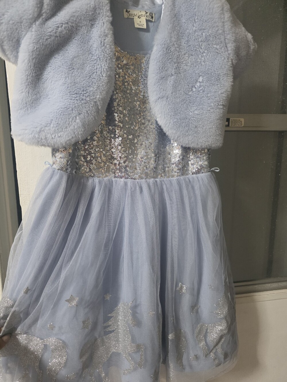Wonderkids Light Blue Sequin & Tulle Holiday Dress with Faux Fur Bolero